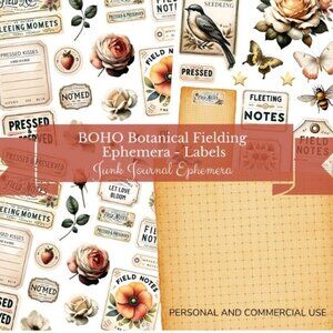 Junk Journal Ephemera BOHO Botanical Fielding - 40+ elements, full pages